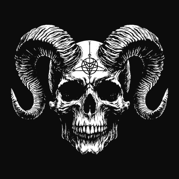 Arte Cráneo Cabeza Cuerno Diablo Demonio Grunge Ilustración de tatuaje vintage Negro Blanco