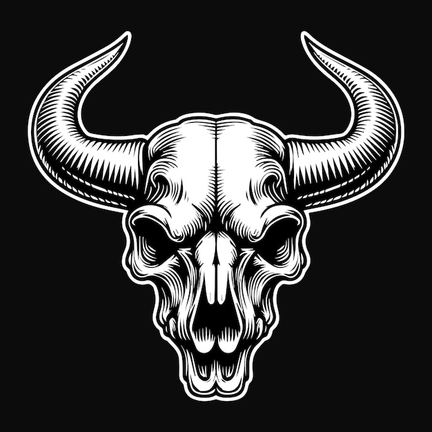 Vector arte cráneo oscuro bestia cabeza de toro ilustración en blanco y negro