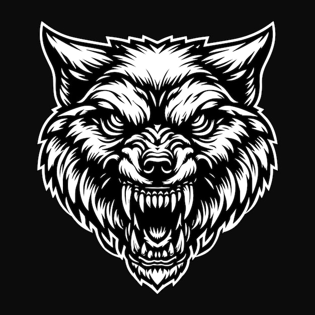 Arte Cráneo oscuro Bestia enojada Cabeza de lobo Ilustración en blanco y negro