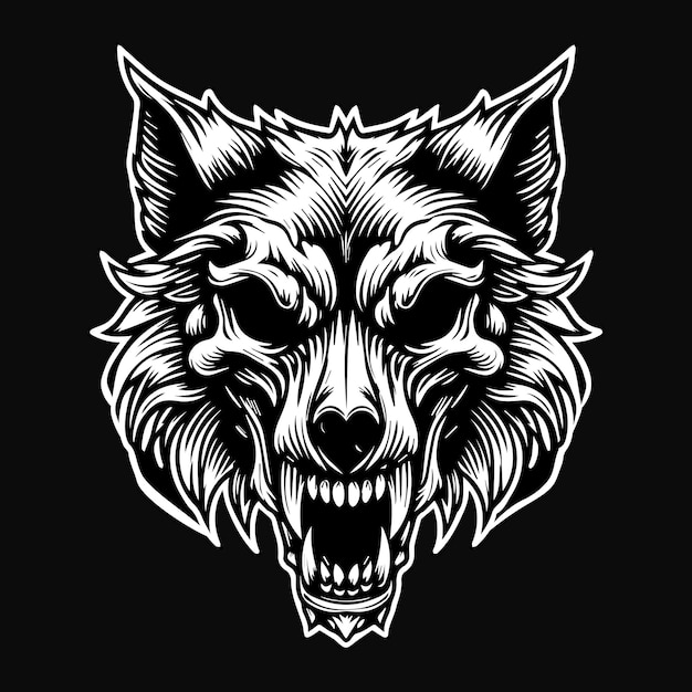 Arte Cráneo oscuro Bestia enojada Cabeza de lobo Ilustración en blanco y negro