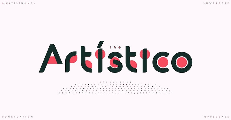 Vector arte creativo futurista multilingüe tipografía letras mayúsculas minúsculas números símbolos de puntuación fuente de innovación con círculos rojos para logotipo de tecnología moderna y titulares diseño tipográfico vectorial