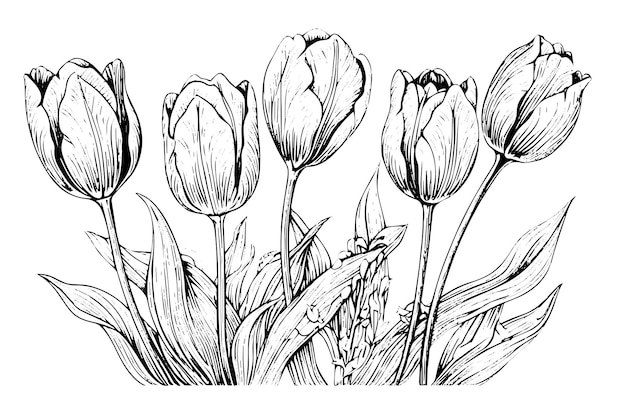 Arte dibujado a mano de ramas de tulipanes Flor aislada sobre un fondo blanco Ilustración vectorial vintage