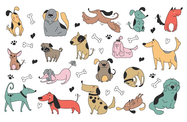 Arte de dibujo de dibujos animados perros personajes cachorros dibujados a mano conjunto aislado