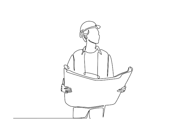 Arte de dibujo de líneas continuas de un ingeniero masculino sosteniendo papel de plano