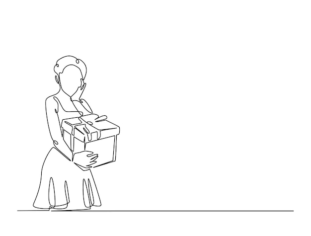 Arte de dibujo de líneas continuas de mujeres sosteniendo una caja de regalos o caja de regalo