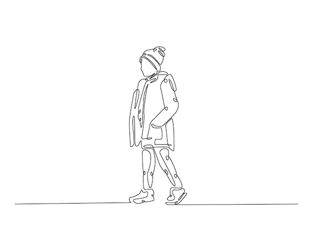 Arte de dibujo de líneas continuas de un niño que usa una chaqueta en la temporada de invierno