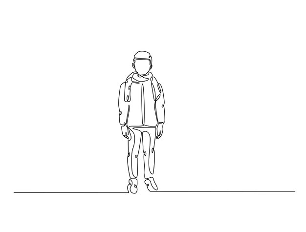 Arte de dibujo de líneas continuas de un niño que usa una chaqueta en la temporada de invierno