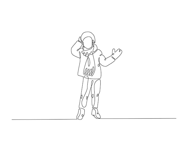 Arte de dibujo de líneas continuas de un niño que usa una chaqueta en la temporada de invierno