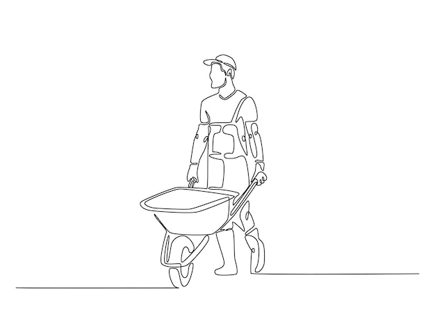 Arte de dibujo de líneas continuas de un trabajador caminando con una carretilla