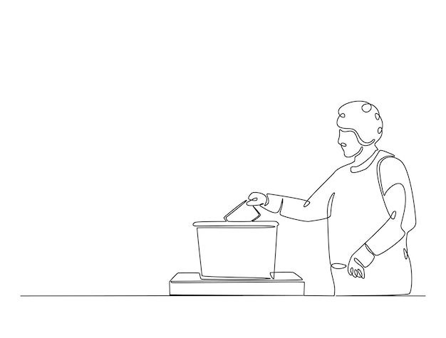 Arte de dibujo de líneas continuas de un votante masculino colocando la boleta en el lugar de votación de la caja de votación