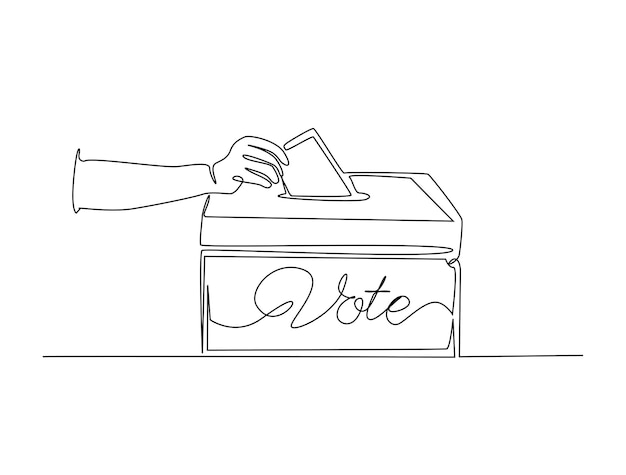 Arte de dibujo de líneas continuas de votantes colocando a mano la boleta en el lugar de votación de la caja de votación