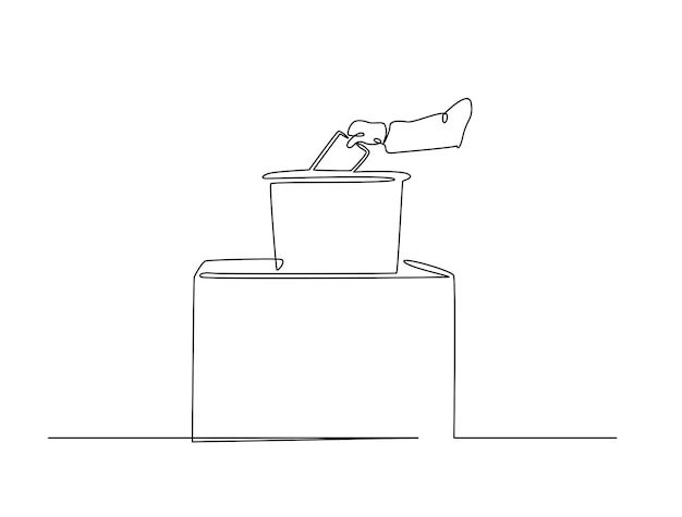 Arte de dibujo de líneas continuas de votantes colocando a mano la boleta en el lugar de votación de la caja de votación