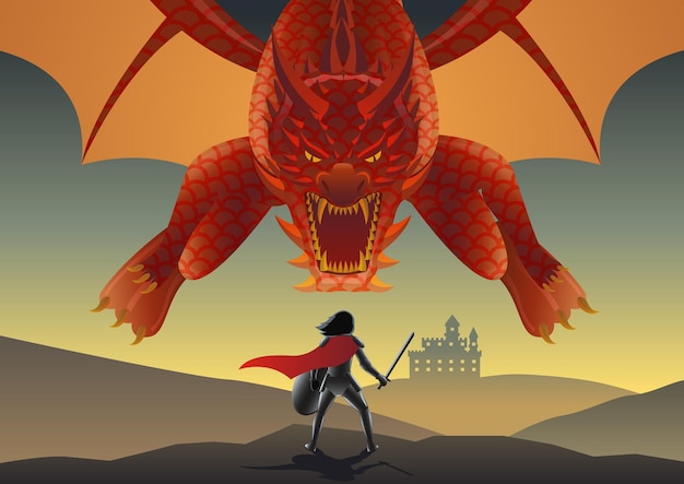 Vector arte de dibujos animados de ficción con caballero luchando con ilustración de vector de dragón