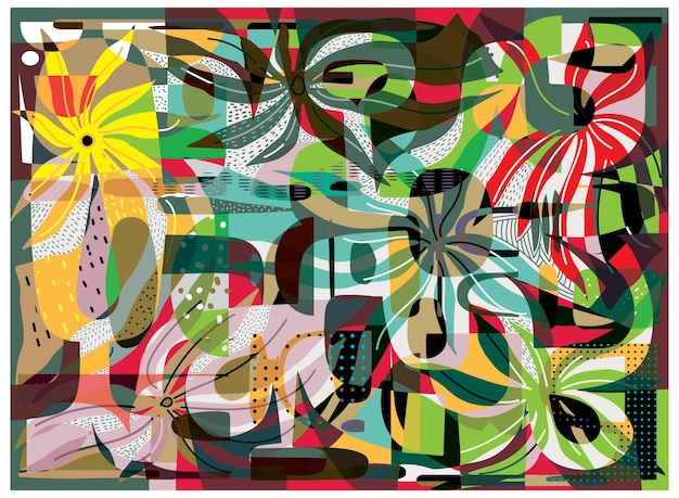 Arte digital abstractamente colorido con formas geométricas y orgánicas superpuestas