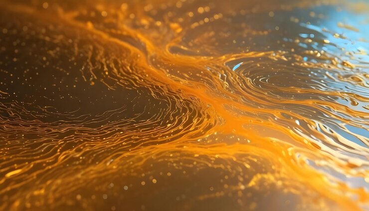 Vector arte digital abstracto con una textura giratoria y fluida en tonos de dorado, naranja y azul los colores se mezclan sin problemas creando un efecto dinámico e iridescente