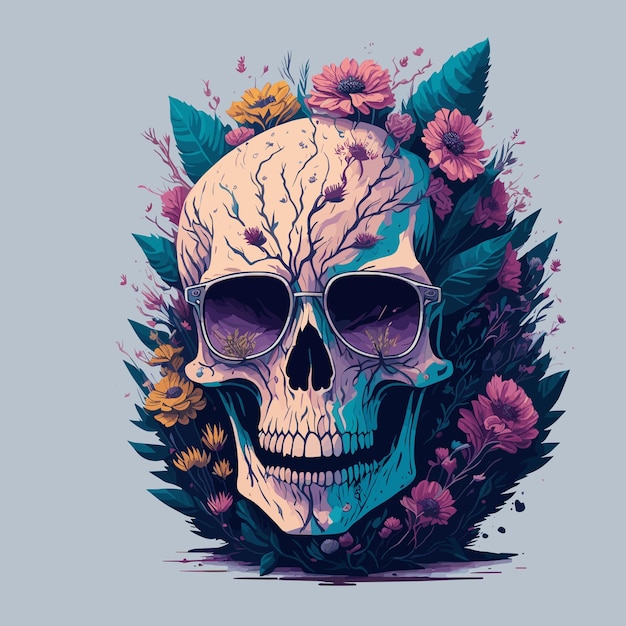 Arte digital de una calavera con flores.