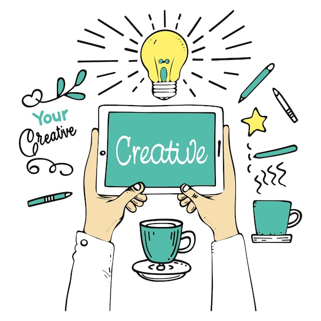 Arte digital creativo con tableta y bombilla Inspiration doodle