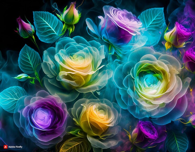 Vector arte digital de humo rosas coloridas transparentes hechas de vidrio teñido sobre un fondo oscuro