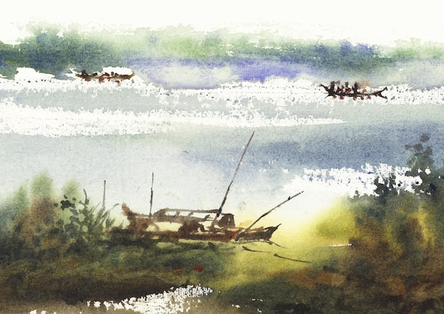 Arte y diseño de la pintura del paisaje fluvial del lado del campo por acuarela