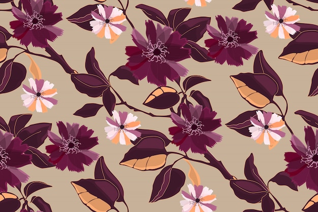 Arte floral de patrones sin fisuras. Granate, burdeos, ramas de clarete, hojas y flores. Elementos aislados sobre fondo de marfil. Patrón de mosaico para papel tapiz, tela, textiles para el hogar y la cocina.