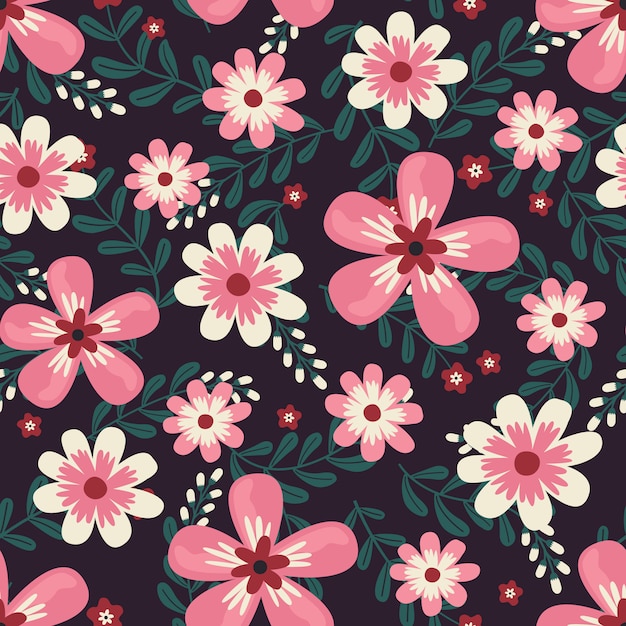 Arte floral para prendas de vestir y telas de moda, guirnalda de flores rosadas estilo hiedra con rama y hojas. Patrones sin fisuras de fondo.