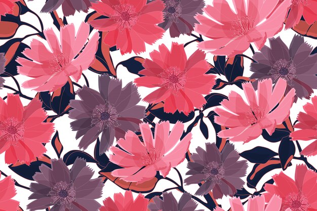 Arte floral vector de patrones sin fisuras. Flores rosadas y púrpuras con ramas, hojas