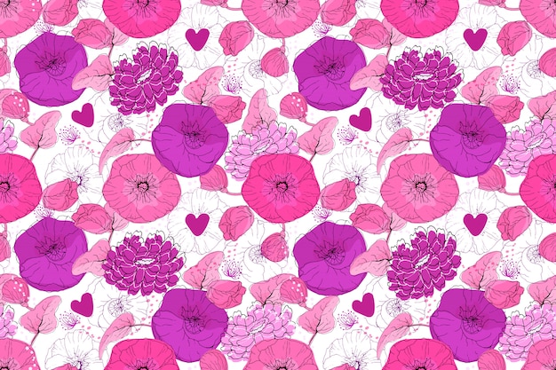 Arte floral vector de patrones sin fisuras. Flores rosas y púrpuras con pequeños corazones púrpuras