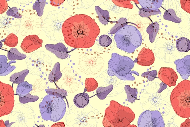 Arte floral vector de patrones sin fisuras. malva roja y morada y amapola