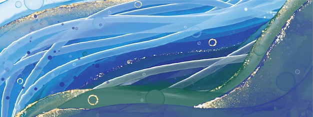 Arte fluido abstracto con técnica de tinta de alcohol de ondas azules y dorado.