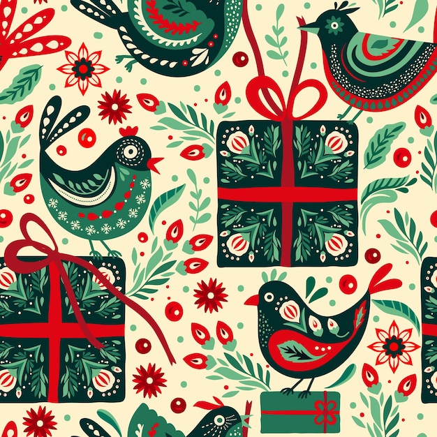 Arte folclórico pájaro y caja de regalos vacaciones étnicas navidad vector patrón sin costura