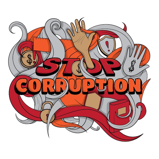 Arte de garabatos florales con tipografía de diseño de alto a la corrupción para la plantilla del día anticorrupción