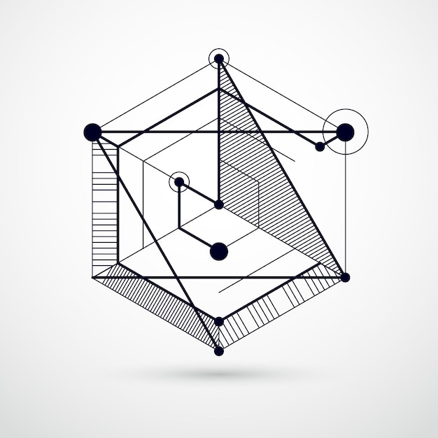 Arte geométrico creativo abstracto con una variedad de elementos geométricos fondo azul, ilustración vectorial. plano de perspectiva del mecanismo, esquema. fondo perfecto para tus diseños.