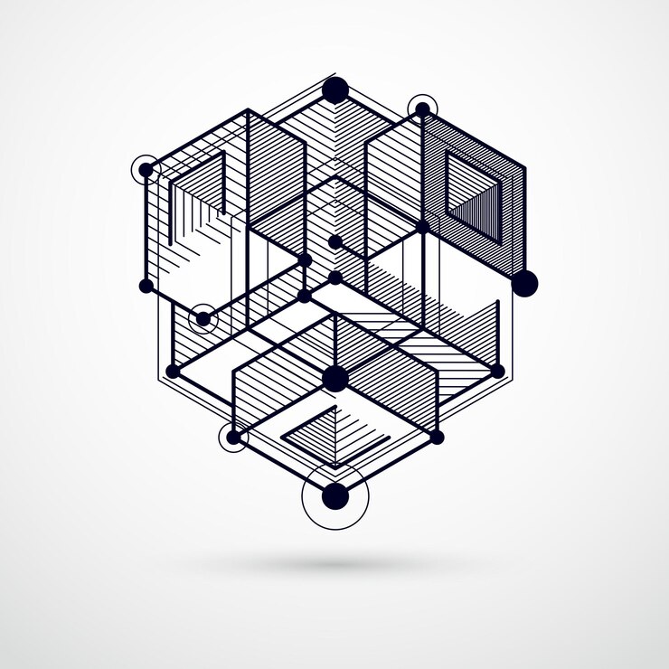 Vector arte geométrico creativo abstracto con una variedad de elementos geométricos fondo azul, ilustración vectorial. plano de perspectiva del mecanismo, esquema. fondo perfecto para tus diseños.
