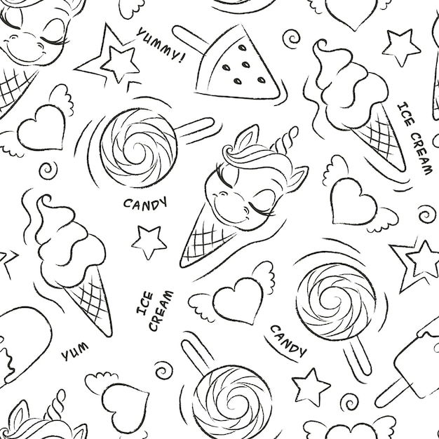 Arte Hermoso fondo blanco y negro Patrón de helado de unicornio lindo Dibujo de ilustración de moda en estilo moderno para ropa