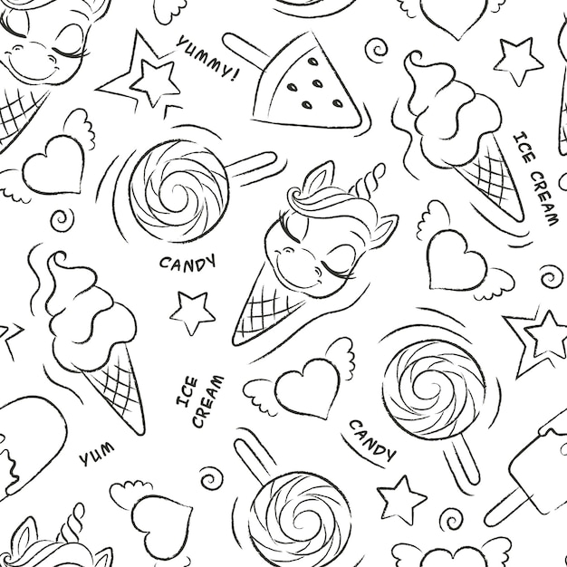 Arte hermoso fondo blanco y negro patrón de helado de unicornio lindo dibujo de ilustración de moda en estilo moderno para ropa