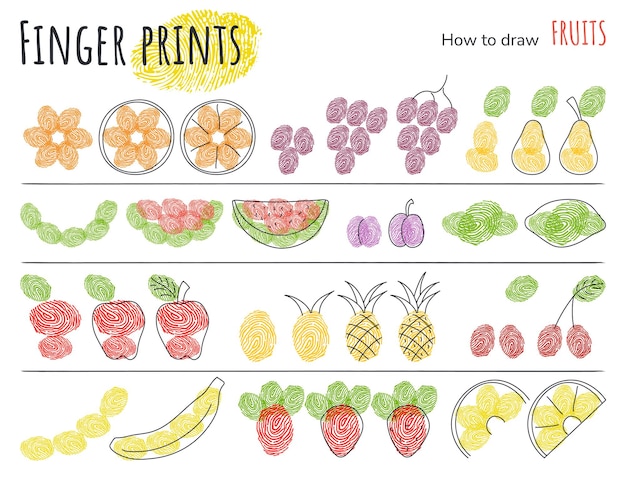 Arte de huellas dactilares Paso a paso cómo dibujar diferentes frutas y bayas Esquema para dibujar