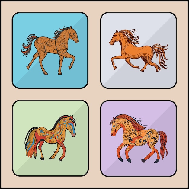 El arte de los iconos de dibujos animados vectoriales de caballos