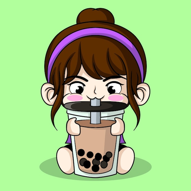 arte de ilustración linda niña bebiendo té de leche con burbujas diseño de personajes