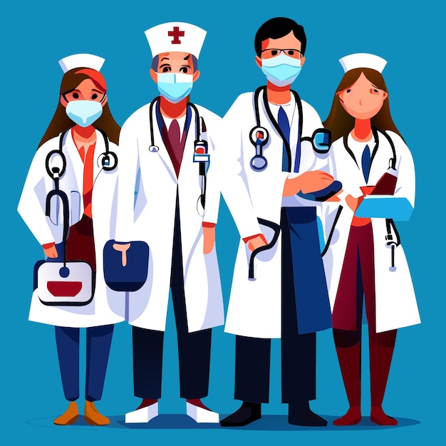 Arte ilustrado del equipo de enfermera y médico