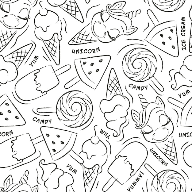 Arte Lindo patrón de helado de unicornio sobre fondo blanco y negro Dibujo de ilustración de moda