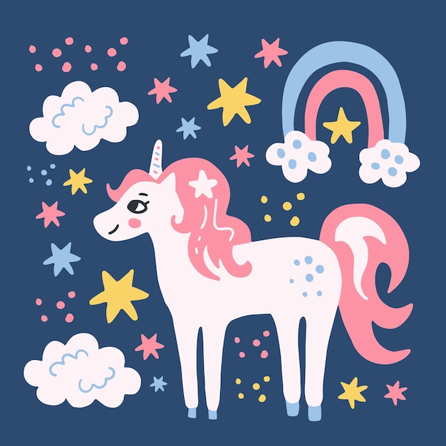 Arte lindo del unicornio de la historieta con las estrellas de las nubes del arco iris