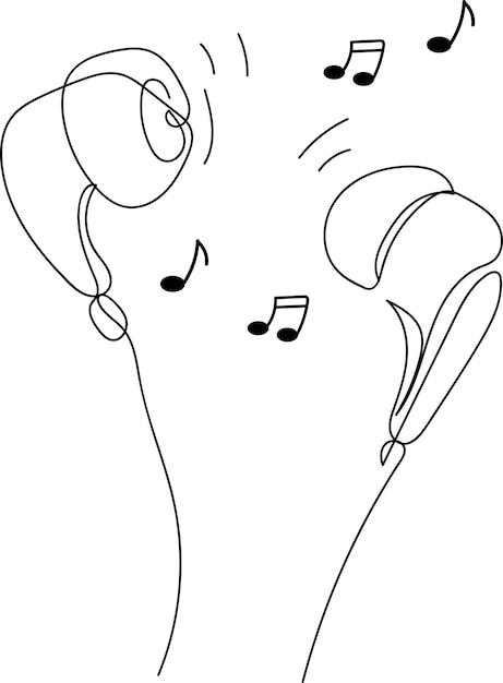 Arte de línea de auriculares, dibujo de esquema musical, boceto simple, notas, archivo vectorial de auriculares, musical