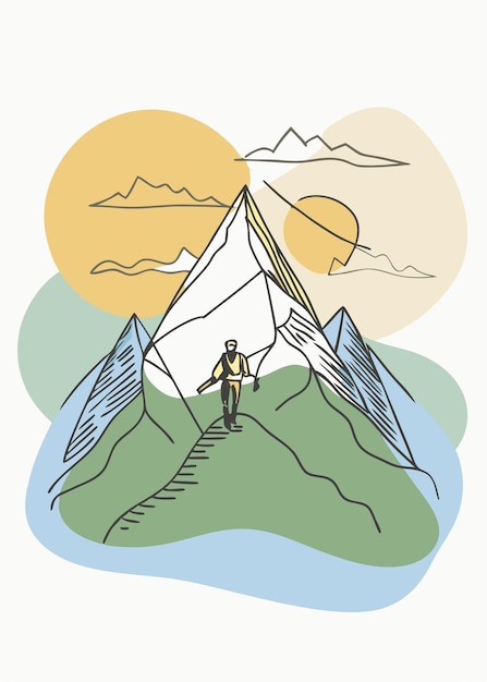 Arte de una línea de las aventuras dibujo de montaña Decoración de pared de línea continua mínima abstracta
