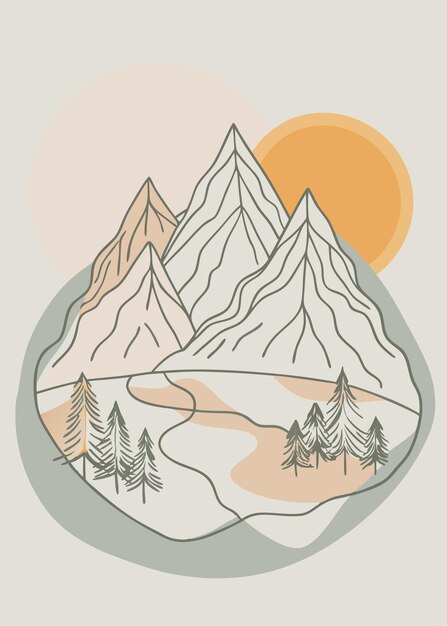 Arte de una línea de las aventuras dibujo de montaña Decoración de pared de línea continua mínima abstracta