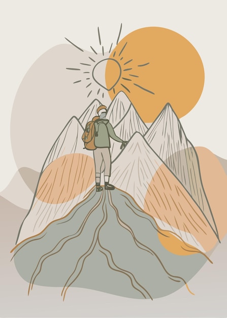 Arte de una línea de las aventuras dibujo de montaña Decoración de pared de línea continua mínima abstracta