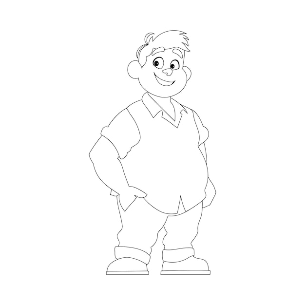 Arte de línea en blanco y negro Hombre gordo posando y sonriendo Hombre con sobrepeso es lindo tema de positividad corporal Estilo de colorear