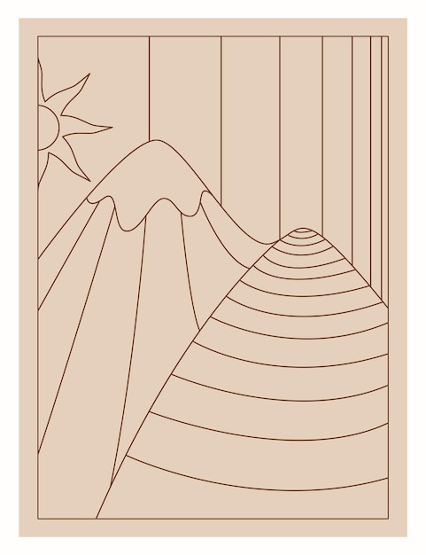 Vector arte de línea boho, ilustración minimalista, paisaje, sol.