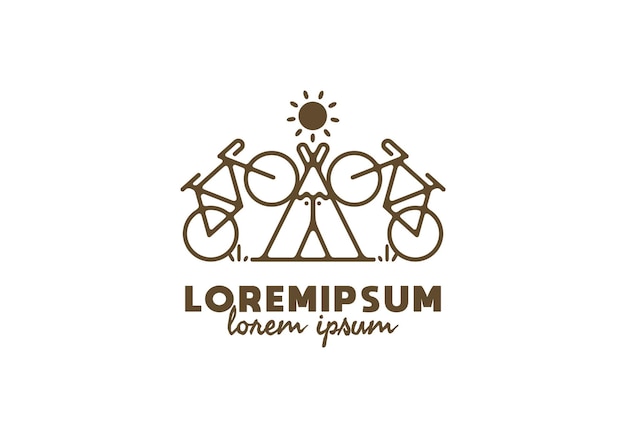 Vector arte de línea de camping en bicicleta con texto de lorem ipsum