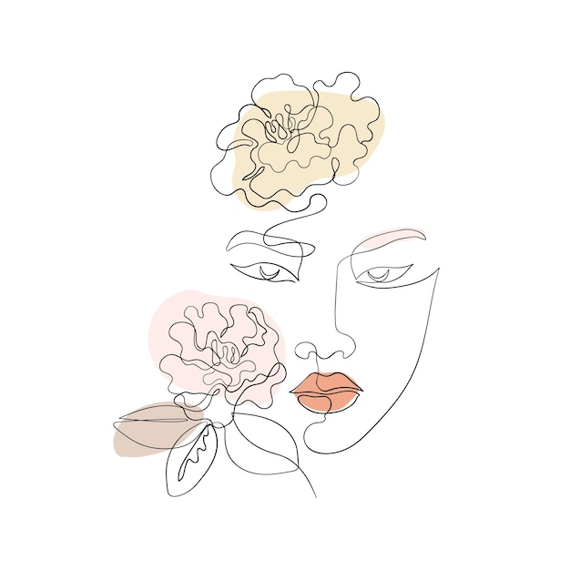Arte de una línea de cara de mujer con flores de camelia y hojas Revestimiento de vector de estilo continuo dibujado por mujer para negocio cosmético