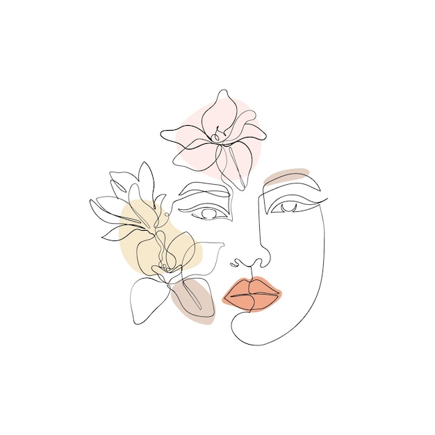 Arte de una línea de cara de mujer con flores y hojas de magnolia Mujer dibujada delineador de vector de estilo continuo para negocio cosmético